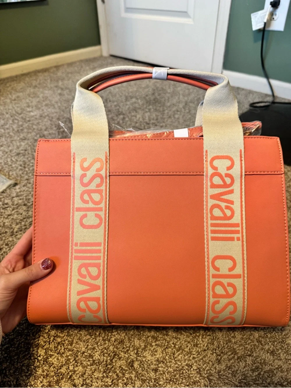 Cavalli Class Coral Orange Top-Handle Satchel with Branded Canvas Straps